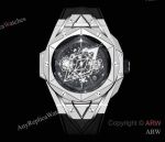 High Quality Replica HUBLOT BIG BANG SANG BLEU II Black Fluororubber Strap Black Skeletonized Geometric Face Dial Titanium With Diamond-Set Case Watch 45mm